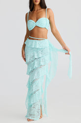 Lace Crop Cami Tiered Ruffled Streamer Maxi Skirt 2pcs Set - Blue
